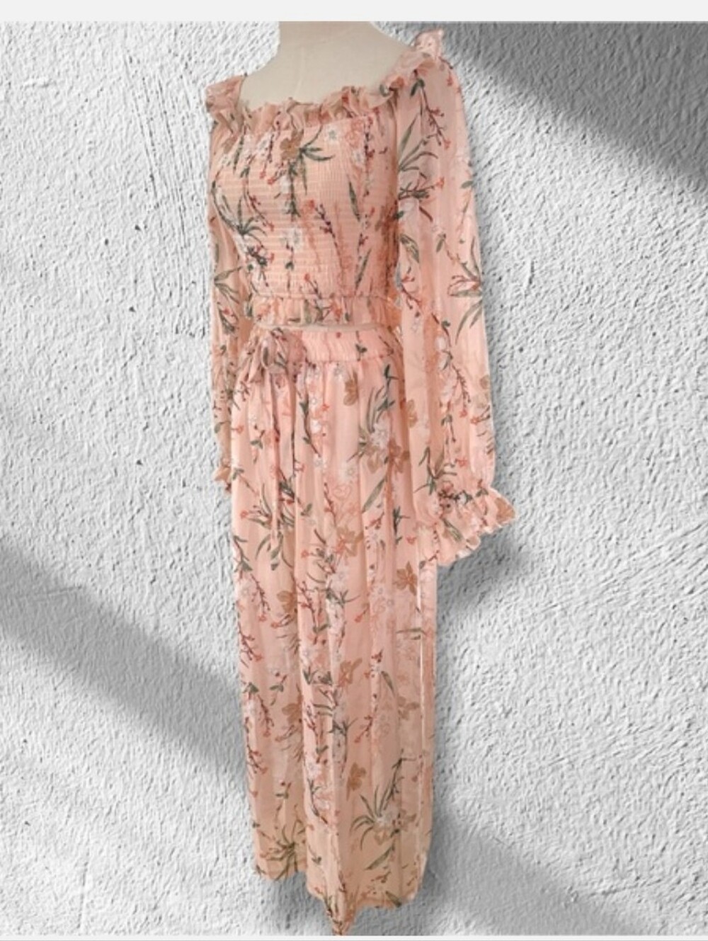 Smocked Chiffon Balloon Sleeve Blouse & Palazzo Pants Set | Pink | XS/S - Picture 2 of 3